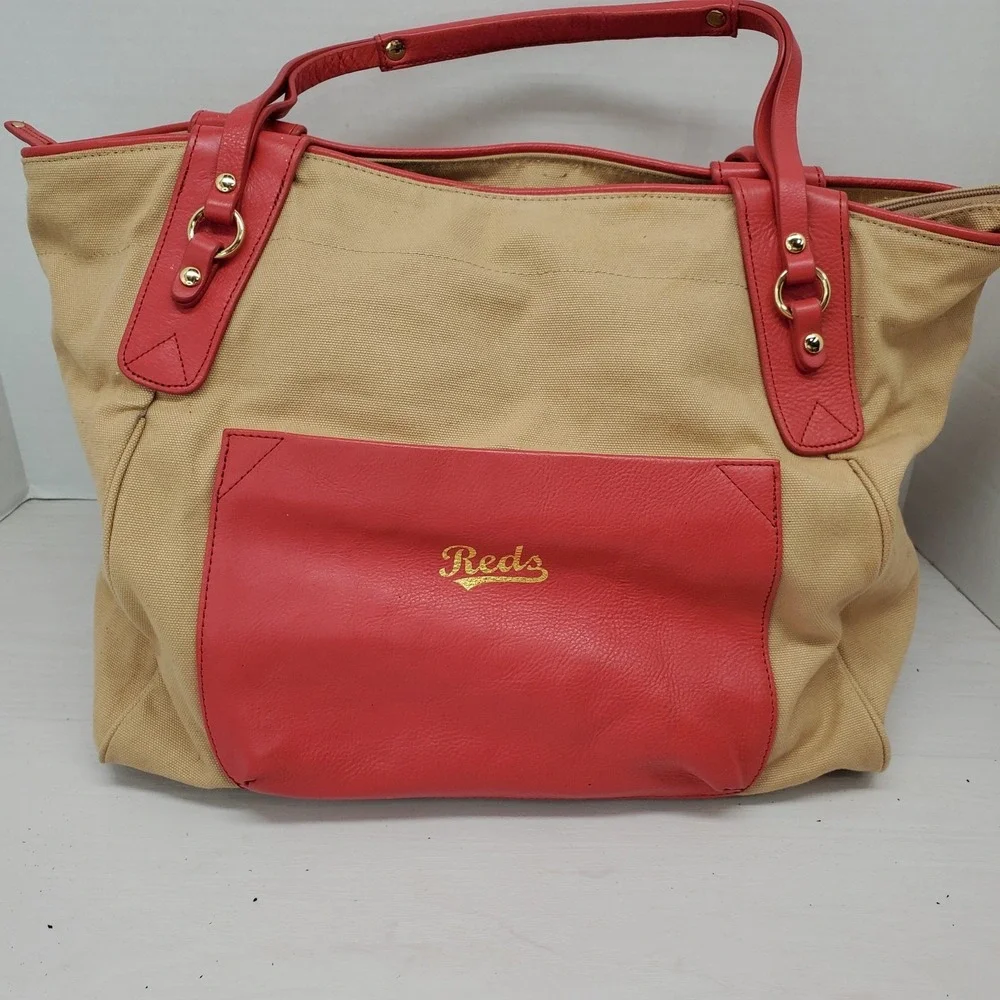 Boulevard Sunday Tote Shopper Carry All Tan Canvas Red Leather Large REDS